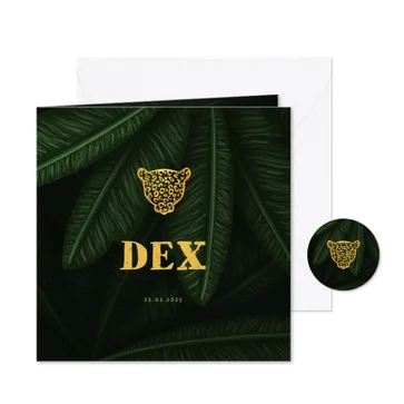 Geboortekaartje jungle bladeren met panter silhouet goud